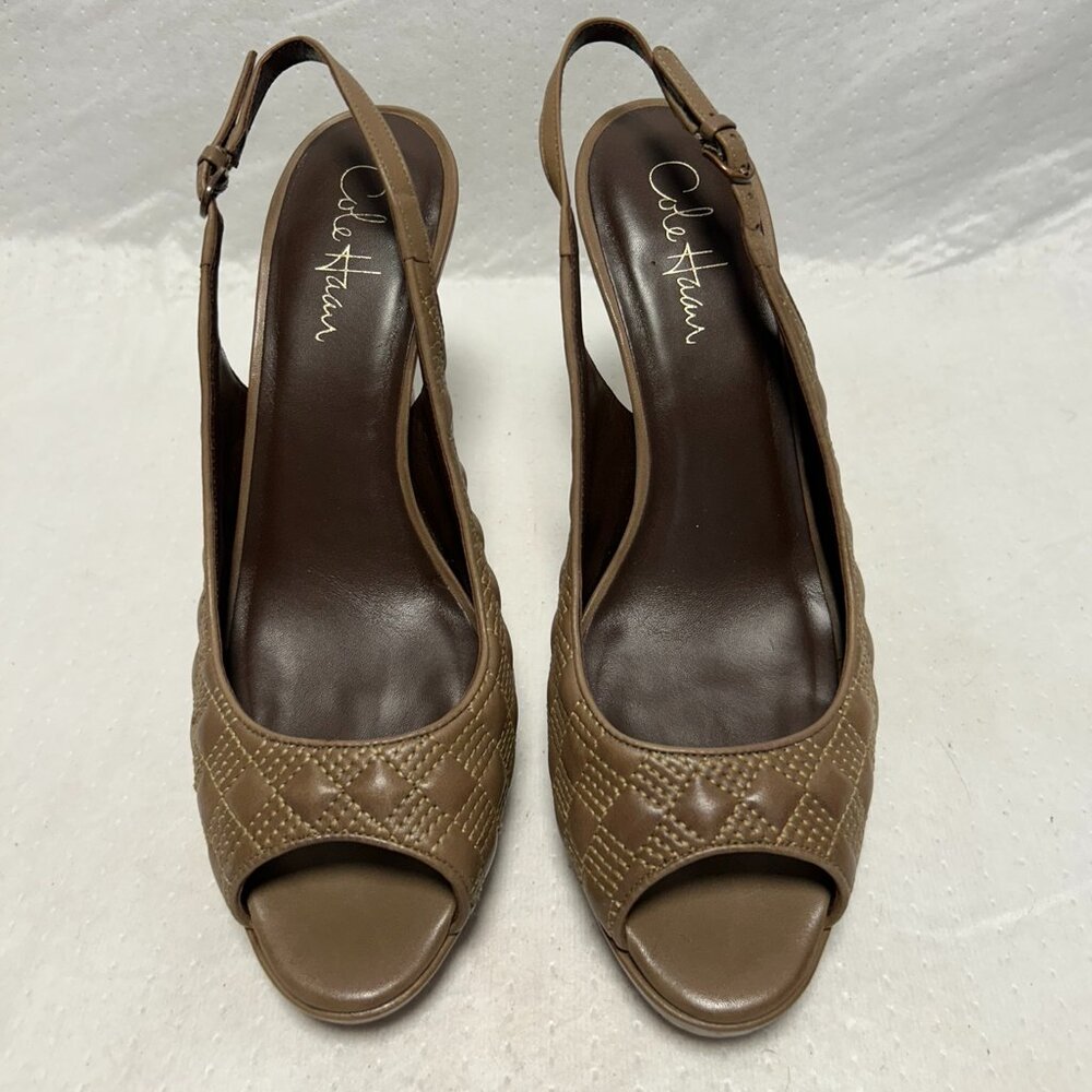 Cole Haan heels, peep toe sling back, taupe quilted leather